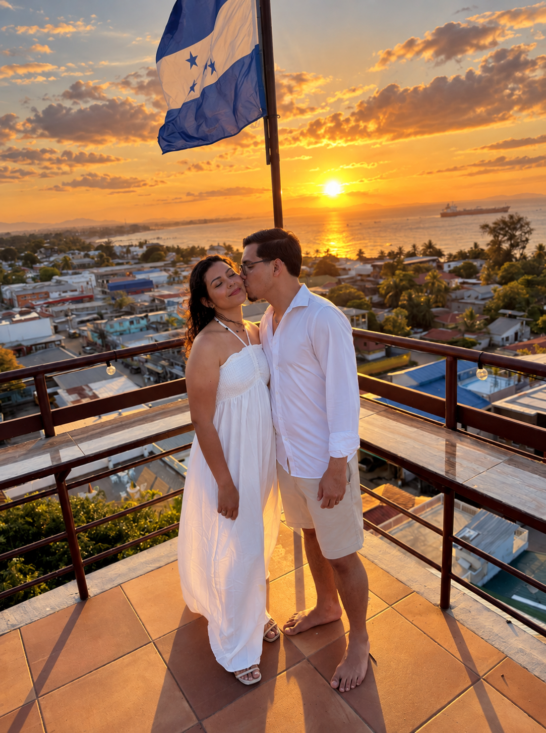 Harold y Allison en una terraza frente al mar